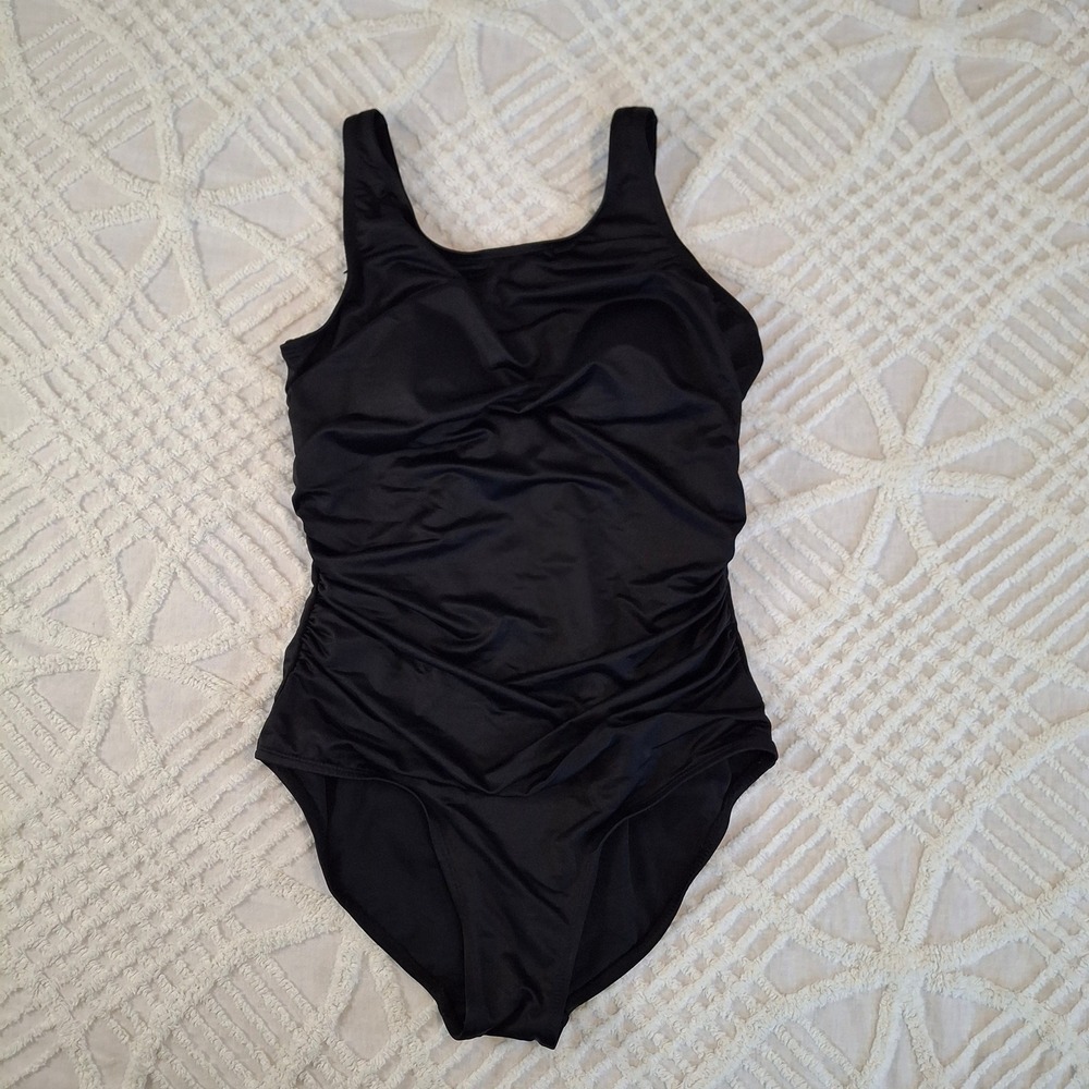 Island Escape Womens Size 8 Black‎ Ruched Tummy Control One Piece Swimsuit